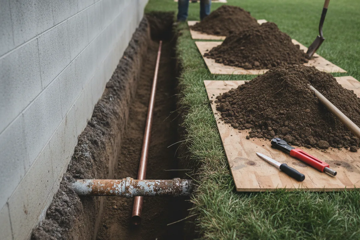 Excavated water line trench during Sewer Line Repair in Winthrop